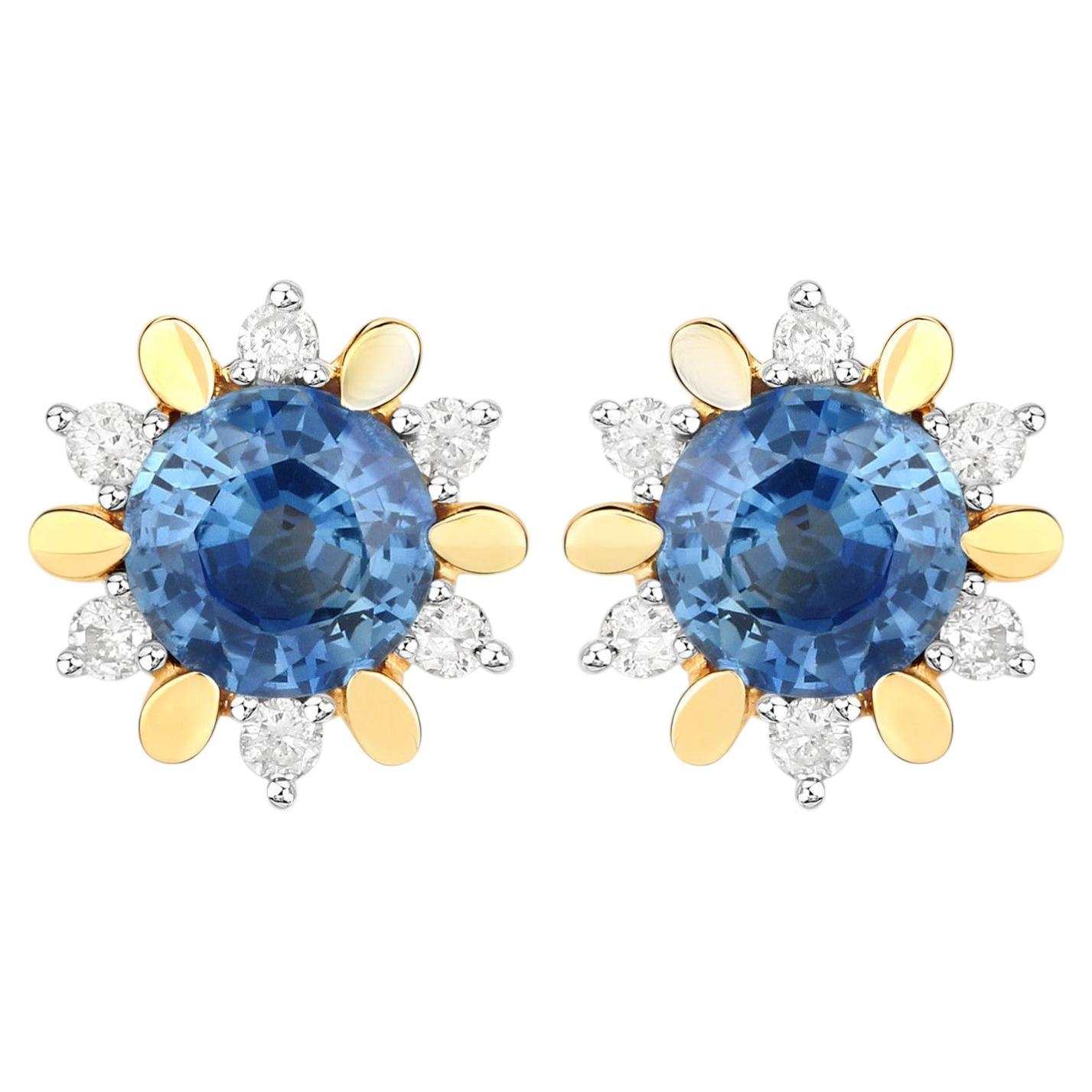 Natural Blue Sapphire Earrings With Diamonds 1.84 Carats 14K Yellow Gold