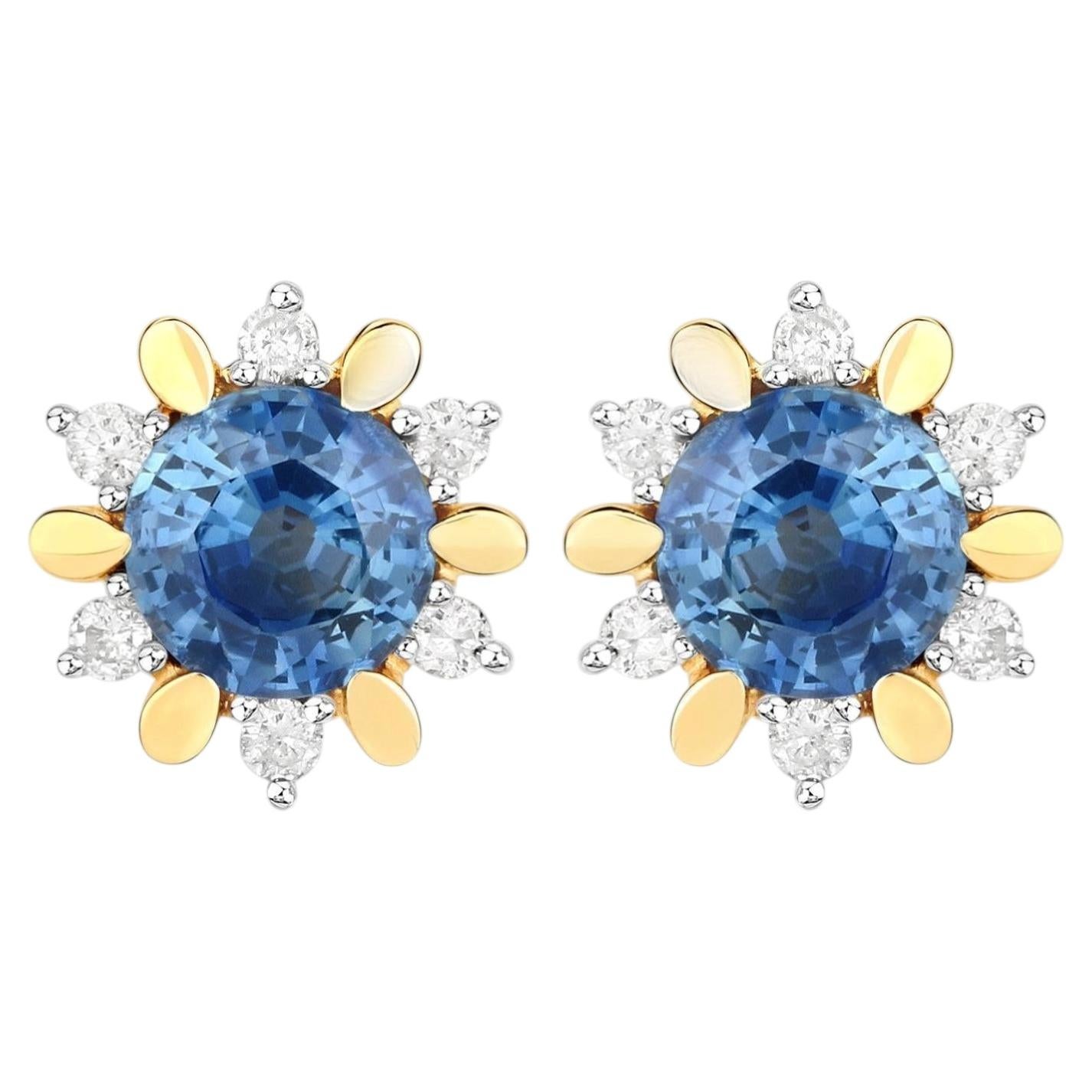 Natural Blue Sapphire Earrings With Diamonds 1.84 Carats 14K Yellow Gold