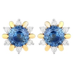 Natural Blue Sapphire Earrings With Diamonds 1.84 Carats 14K Yellow Gold
