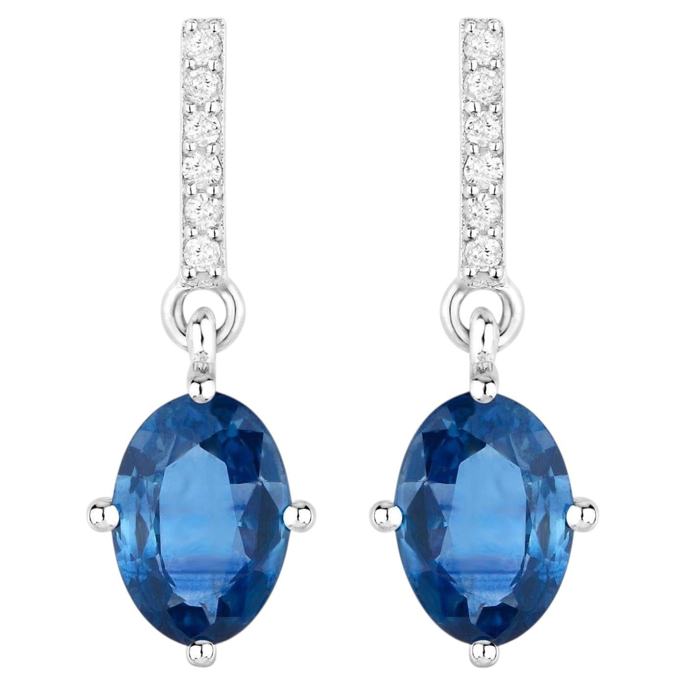 Natural Blue Sapphire Earrings With Diamonds 1.92 Carats 14K White Gold