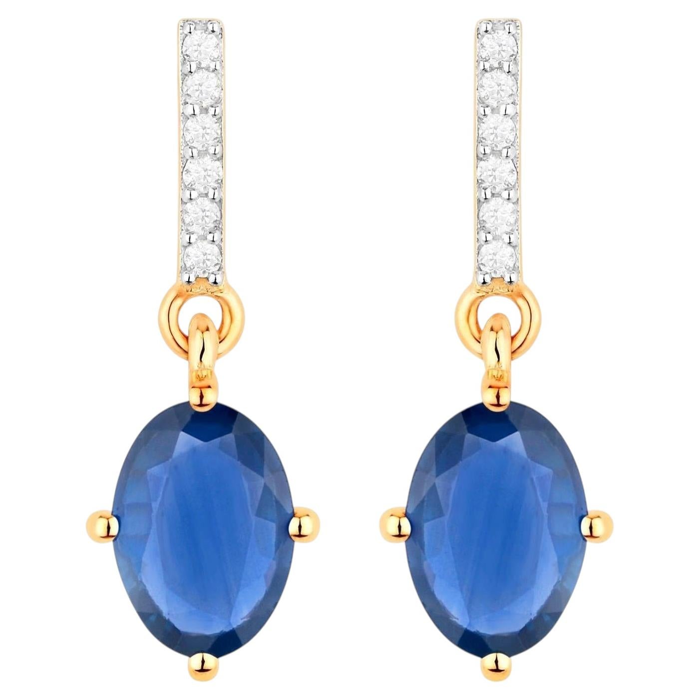 Natural Blue Sapphire Earrings With Diamonds 1.92 Carats 14K Yellow Gold