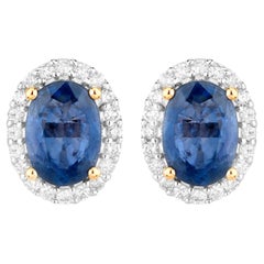 Natural Blue Sapphire Earrings With Diamonds 2.12 Carats 14K Yellow Gold