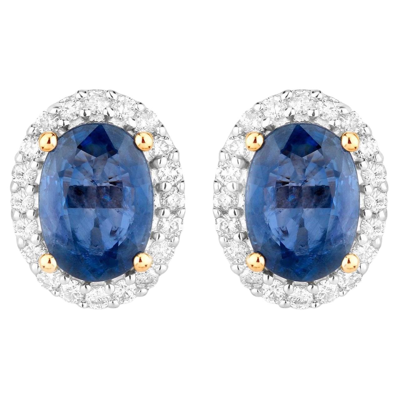 Natural Blue Sapphire Earrings With Diamonds 2.12 Carats 14K Yellow Gold