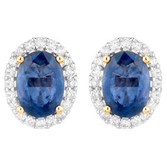 Natural Blue Sapphire Earrings With Diamonds 2.12 Carats 14K Yellow Gold