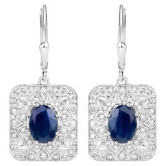 Natürliche blaue Saphir Ohrringe mit Diamanten 3,32 Karat Sterling Silber