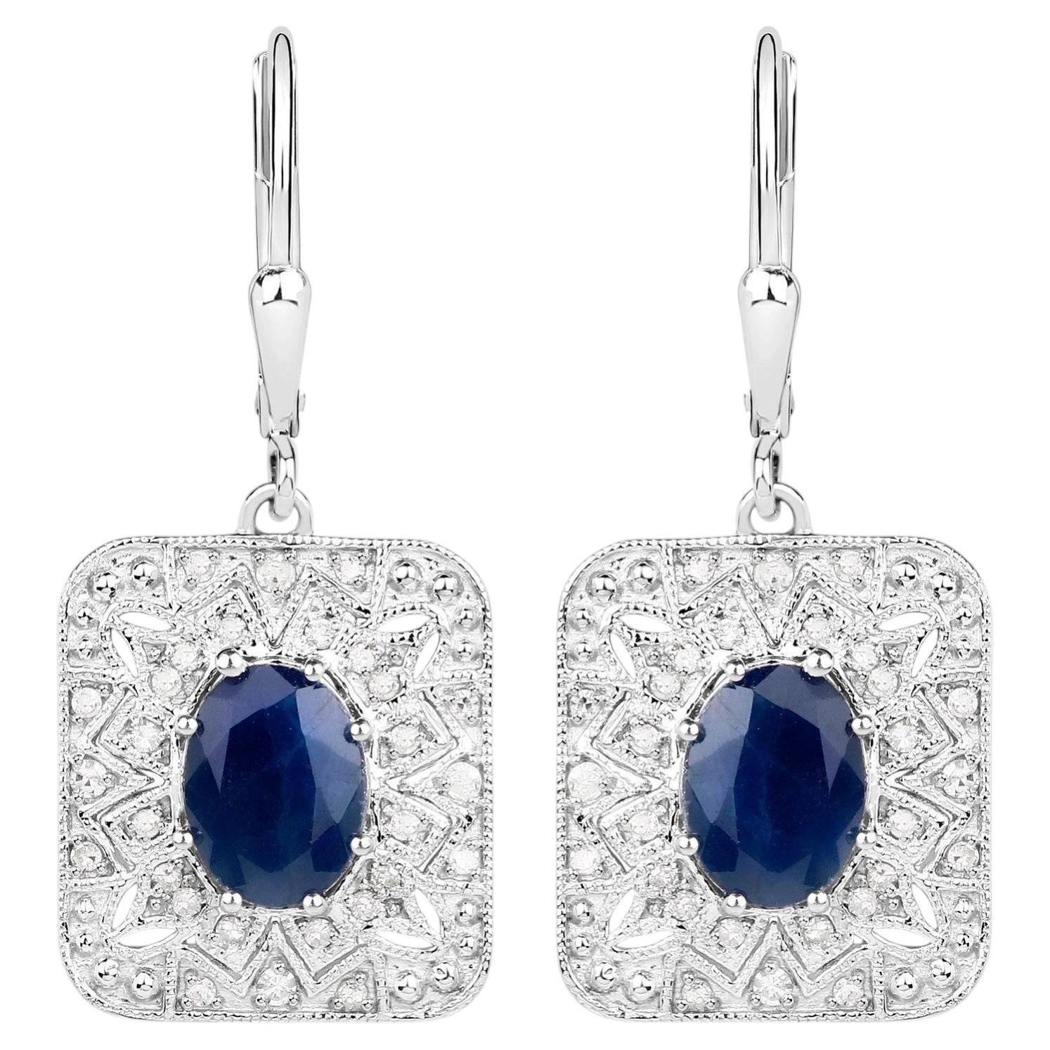 Natural Blue Sapphire Earrings With Diamonds 3.32 Carats Sterling Silver