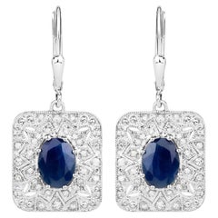 Natürliche blaue Saphir Ohrringe mit Diamanten 3,32 Karat Sterling Silber