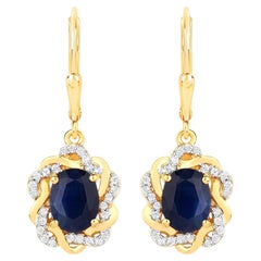 Natural Blue Sapphire Earrings With White Topaz 3.42 Carats Gold Plated Silver