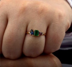 Natural Blue Sapphire, Emerald, Pink Tourmaline, & Diamond Ring in 18k Gold