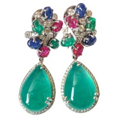 Natural Blue Sapphire, Emerald & Ruby Tutti Frutti Drop Earrings Set in 18K Gold