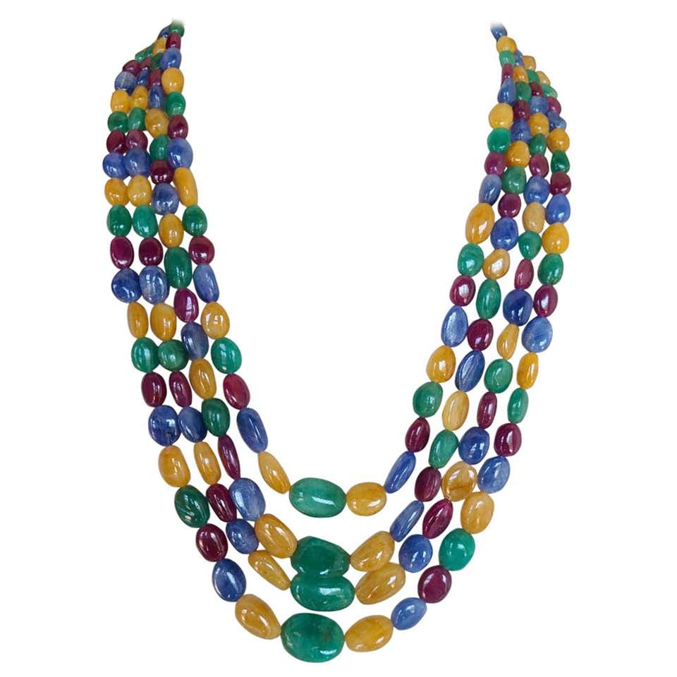 200 Ct 7 Layer Natural Emerald Ruby and Sapphire Bead Necklace 14k Gold ...
