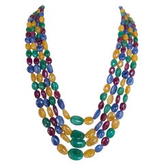 Natural Blue Sapphire Emerald Ruby & Yellow Sapphire Multi-Strand Beads Necklace