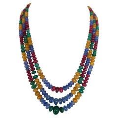 Natural Blue Sapphire, Emerald, Spine & Yellow Sapphire Beaded 3 Strand Necklace