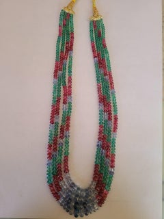 Natural Blue Sapphire, Emerald & Spinel Beaded 3 Strand Necklace