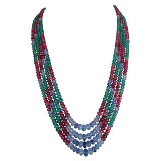 200 Ct 7 Layer Natural Emerald Ruby and Sapphire Bead Necklace 14k Gold ...