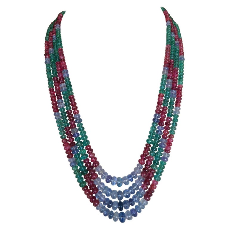Natural Blue Sapphire, Emerald & Spinel Beaded 3 Strand Necklace For Sale