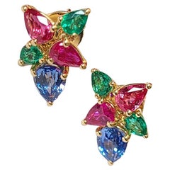 Natural, Blue Sapphire, Emeralds 
Ruby Stud Earrings Set in 18K Yellow Gold