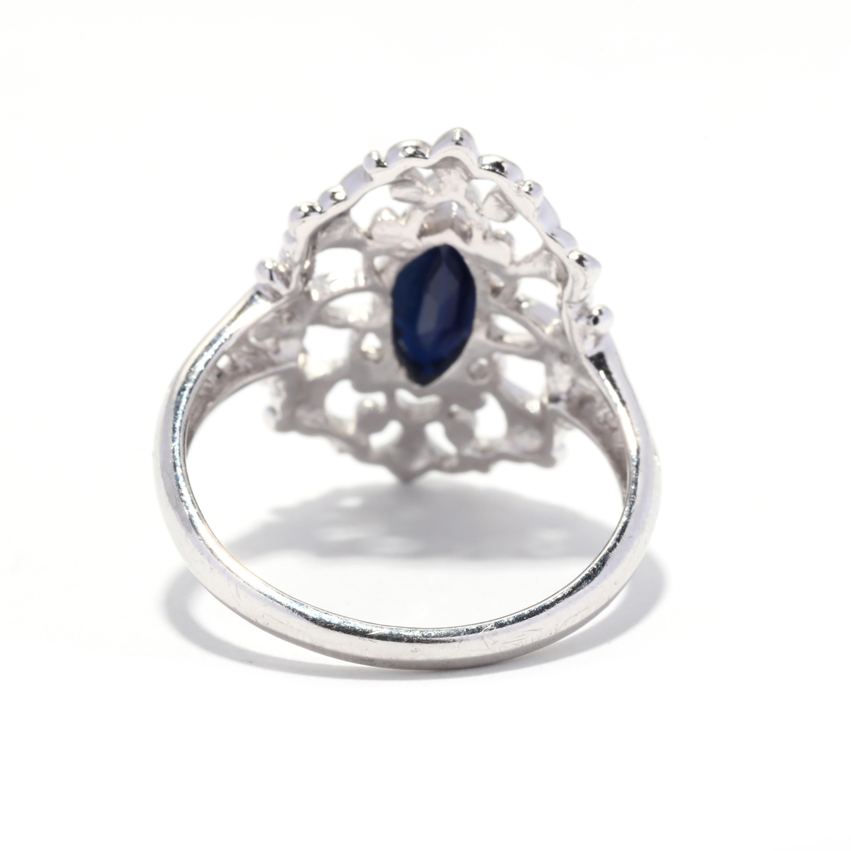 Marquise Cut Natural Blue Sapphire Filigree Navette Ring, Platinum, Ring, Floral For Sale