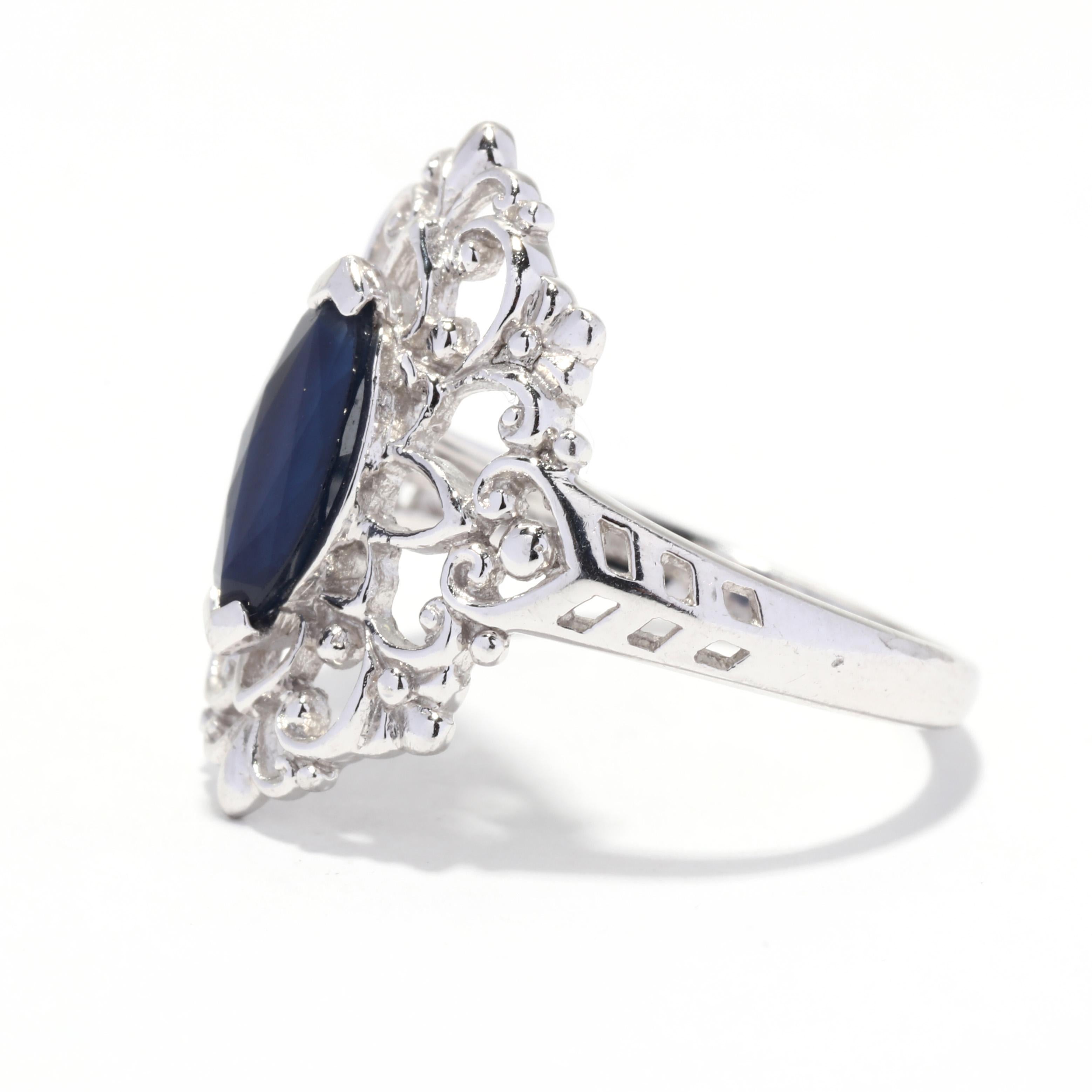 Natural Blue Sapphire Filigree Navette Ring, Platinum, Ring, Floral In Good Condition For Sale In McLeansville, NC