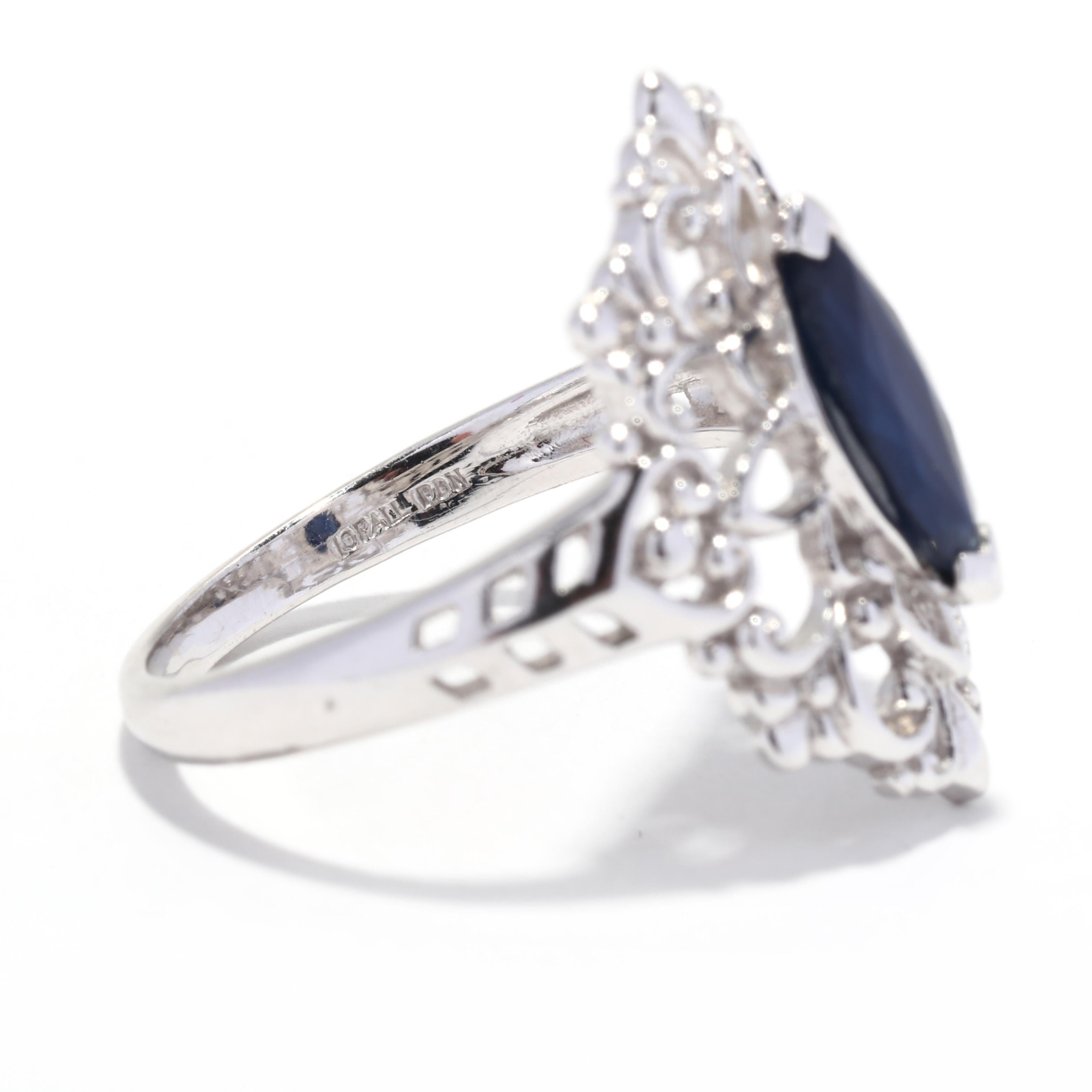 Natural Blue Sapphire Filigree Navette Ring, Platinum, Ring, Floral For Sale 1