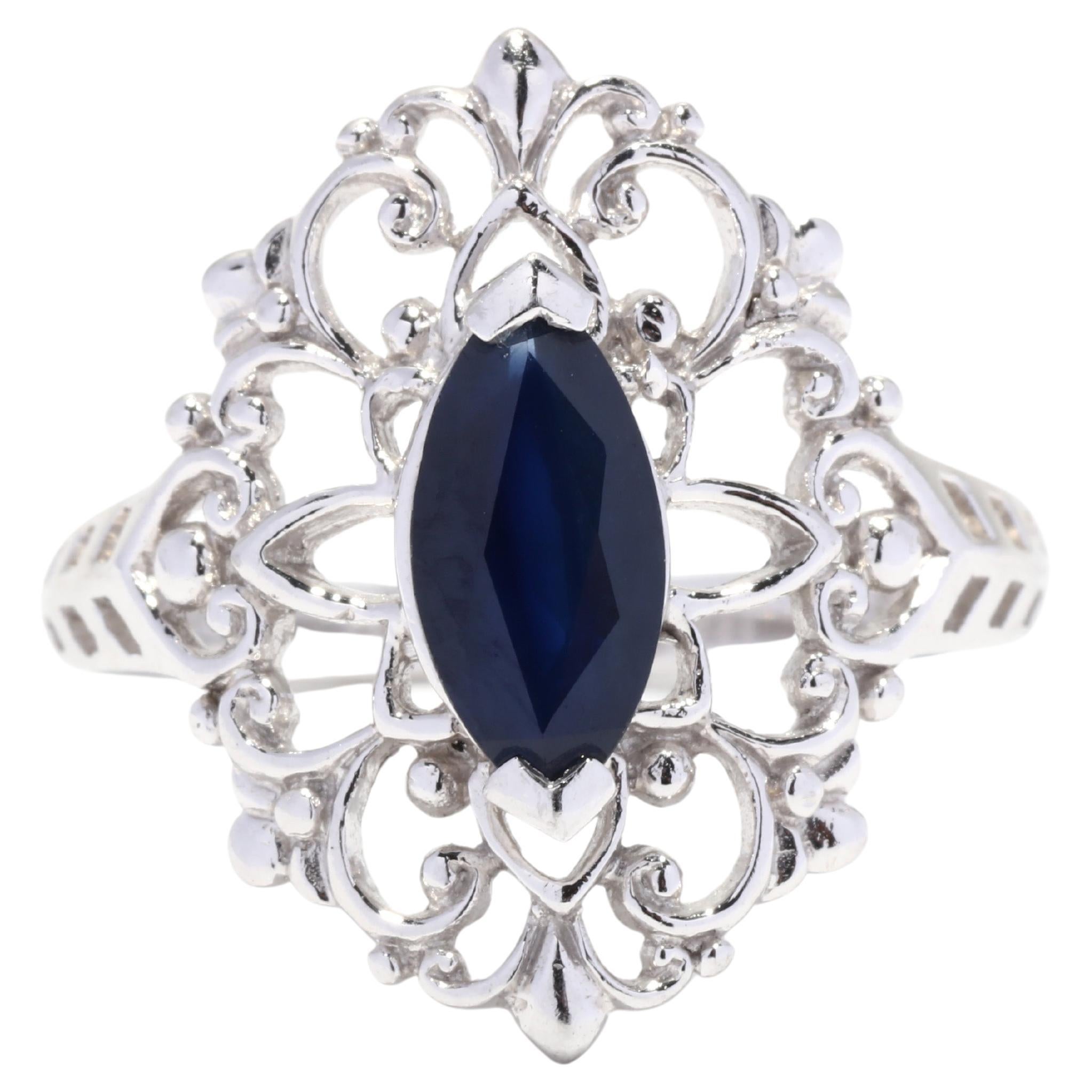Natural Blue Sapphire Filigree Navette Ring, Platinum, Ring, Floral