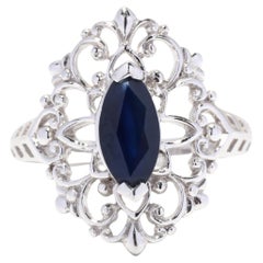 Retro Natural Blue Sapphire Filigree Navette Ring, Platinum, Ring, Floral