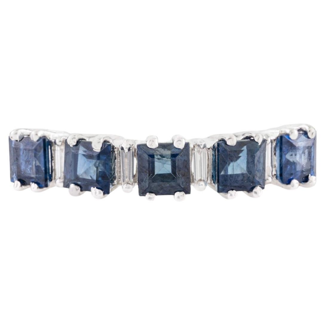 Natural Blue Sapphire Five Stone Ring with Baguette Diamonds in 14K White Gold