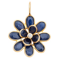 Natural Blue Sapphire Flower Pendant with Diamond Center in 18K Yellow Gold