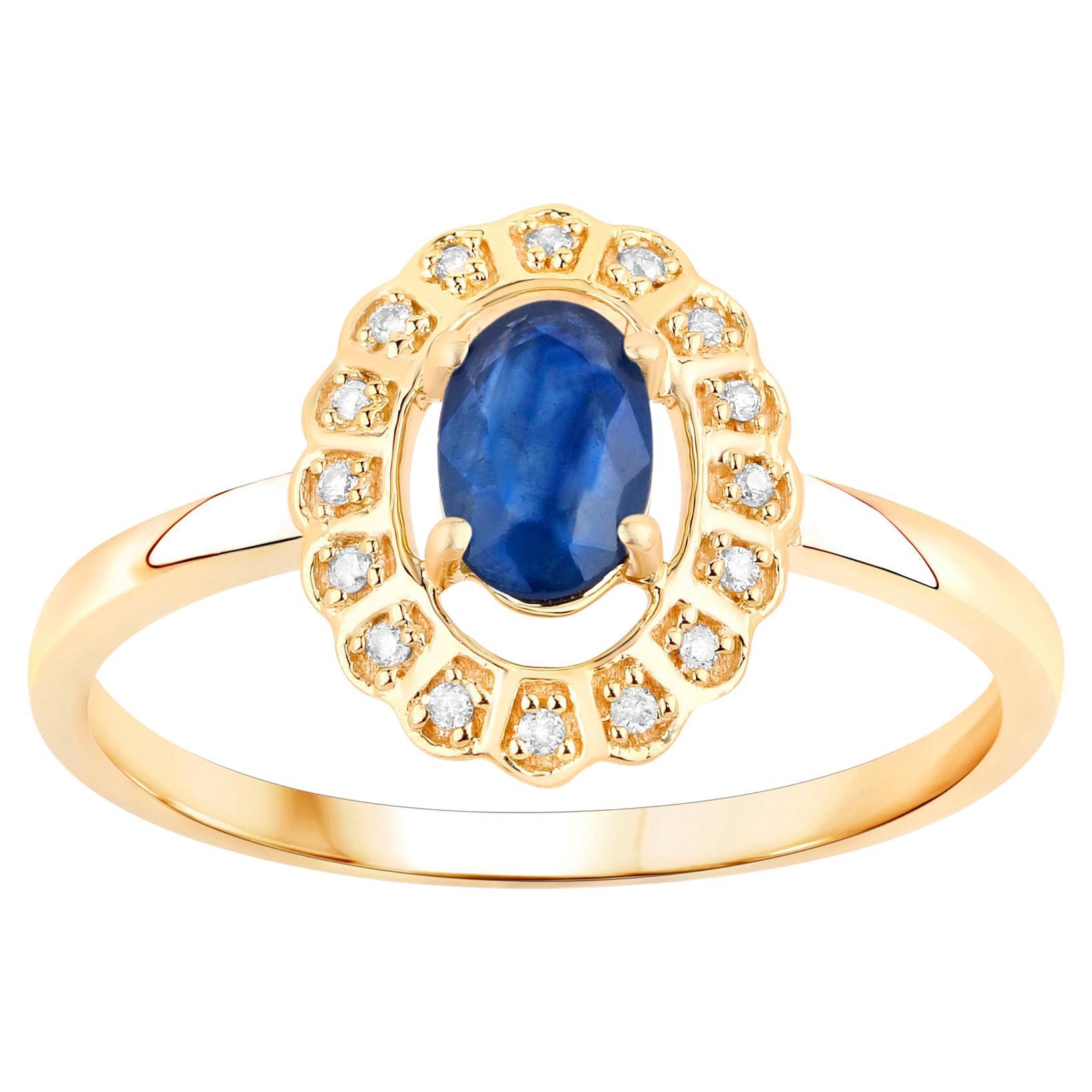 Natural Blue Sapphire Flower Ring Diamond Setting 0.53 Carats 14K Yellow Gold For Sale