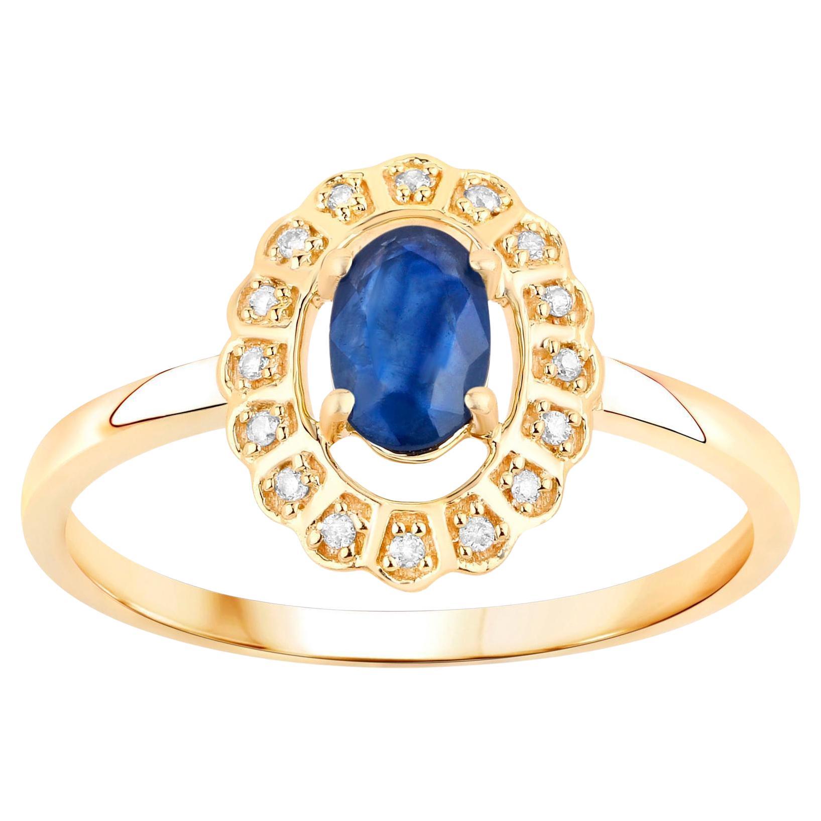 Natural Blue Sapphire Flower Ring Diamond Setting 0.53 Carats 14K Yellow Gold