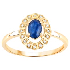 Natural Blue Sapphire Flower Ring Diamond Setting 0.53 Carats 14K Yellow Gold