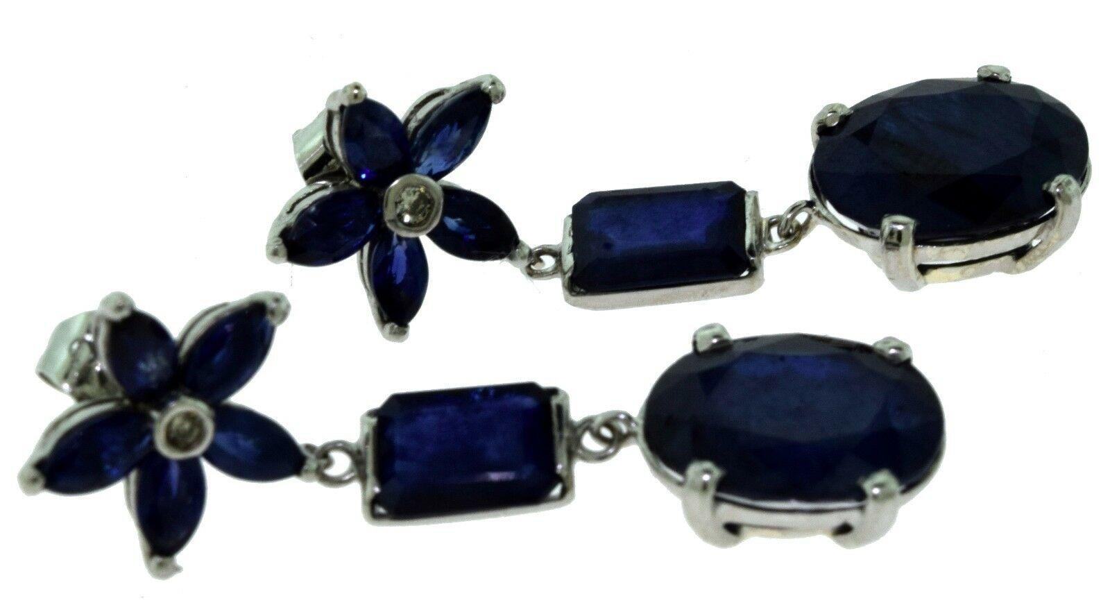 Natural Blue Sapphire Flower Star Cluster Diamond Drop Earrings In Good Condition For Sale In Miami, FL