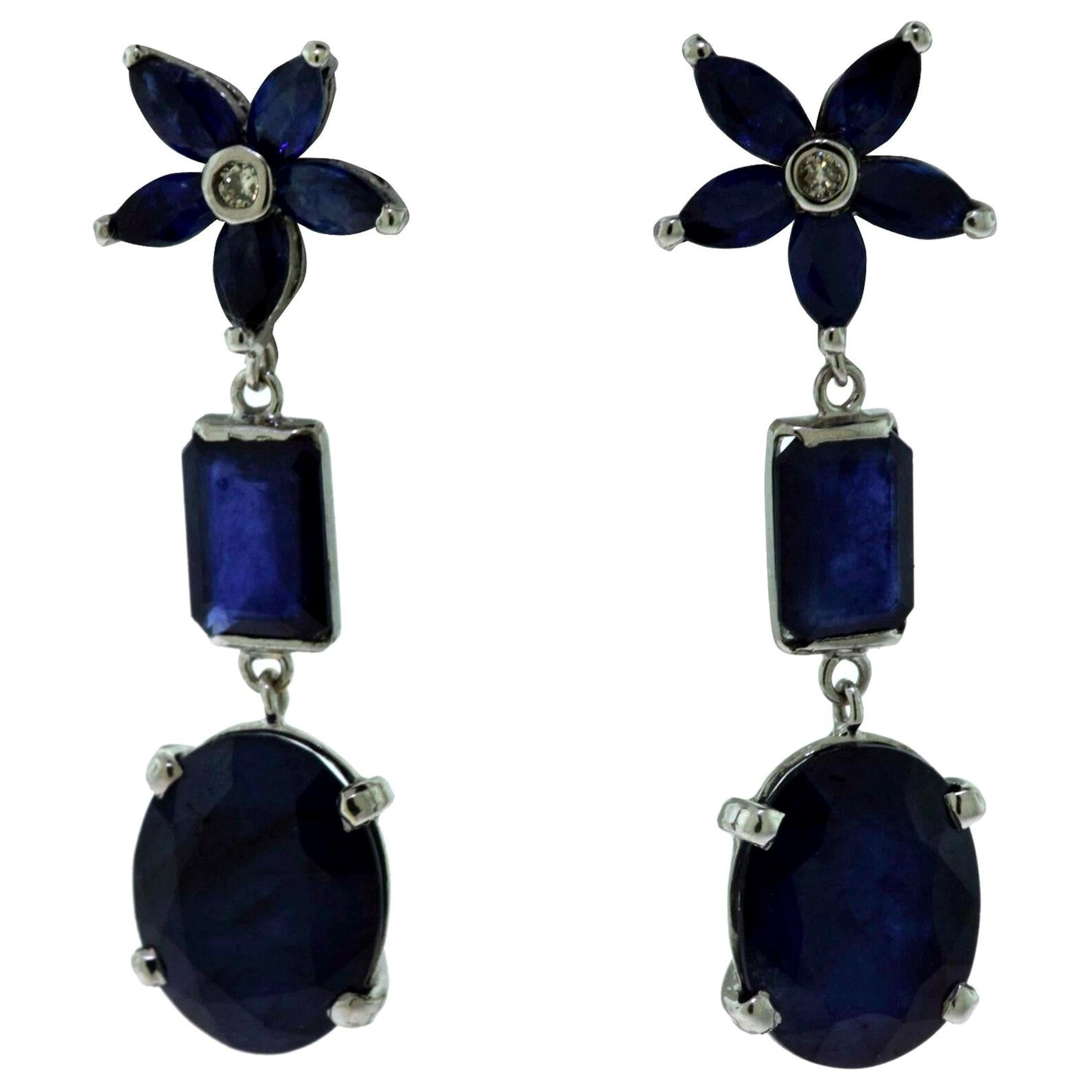 Natural Blue Sapphire Flower Star Cluster Diamond Drop Earrings For Sale