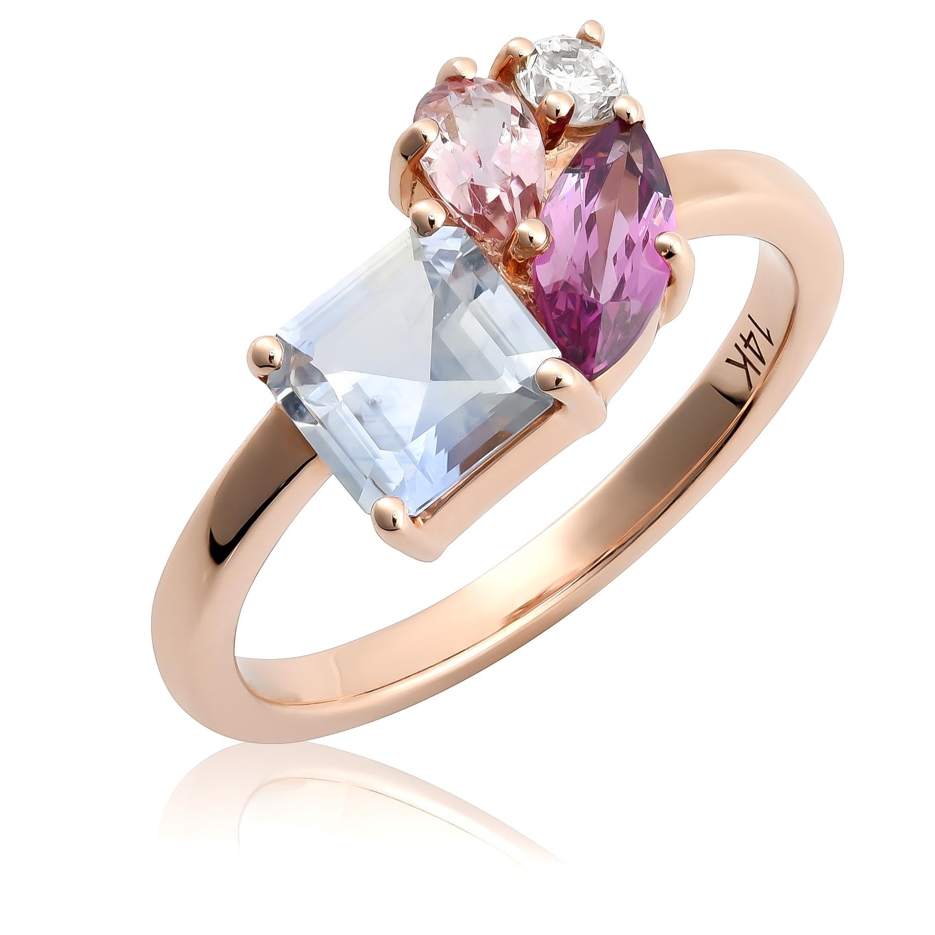 Entdecken Sie die fesselnde Anziehungskraft von Saphiren, Granaten, Topasen und Diamanten, die elegant in einen wunderschön gearbeiteten Ring aus 14 Karat Roségold eingefasst sind. Dieses atemberaubende Stück ist perfekt für alle, die die natürliche