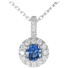 Natural Blue Sapphire Gemstone 0.31 cts in 14K White Gold Pendant with Diamonds