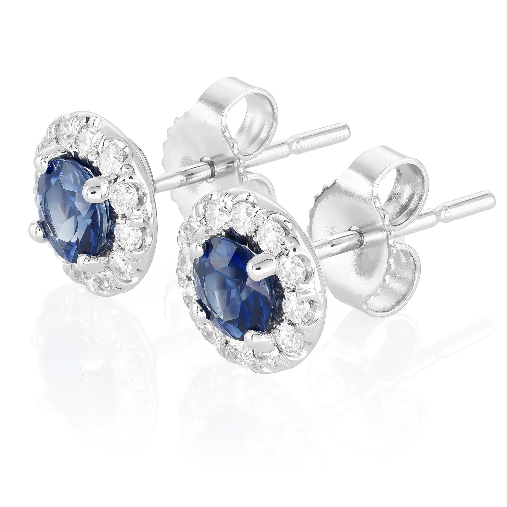 Mixed Cut Natural Blue Sapphire Gemstone 0.65 cts in 14K White Gold Earrings with Diamonds For Sale