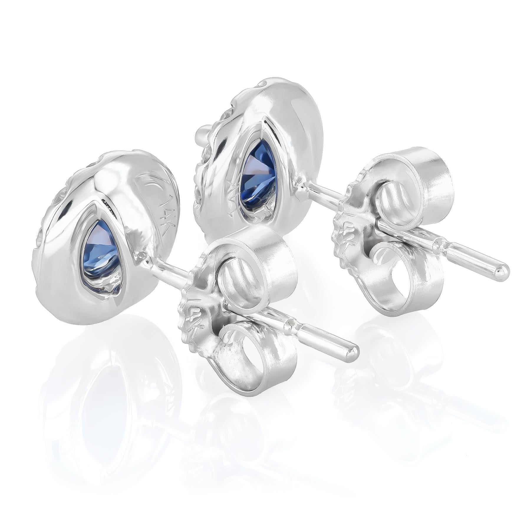 Natural Blue Sapphire Gemstone 0.68 cts in 14K White Gold Earrings with Diamonds In New Condition For Sale In Los Angeles, CA