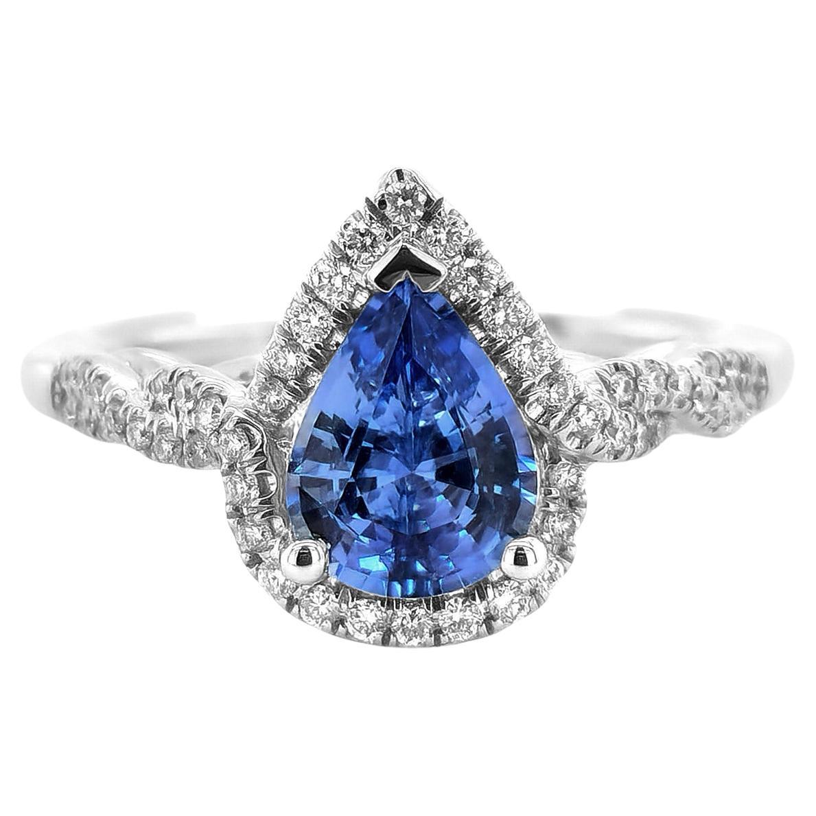 Natural Blue Sapphire Gemstone 1.34 carats in 14K White Gold Ring with Diamonds