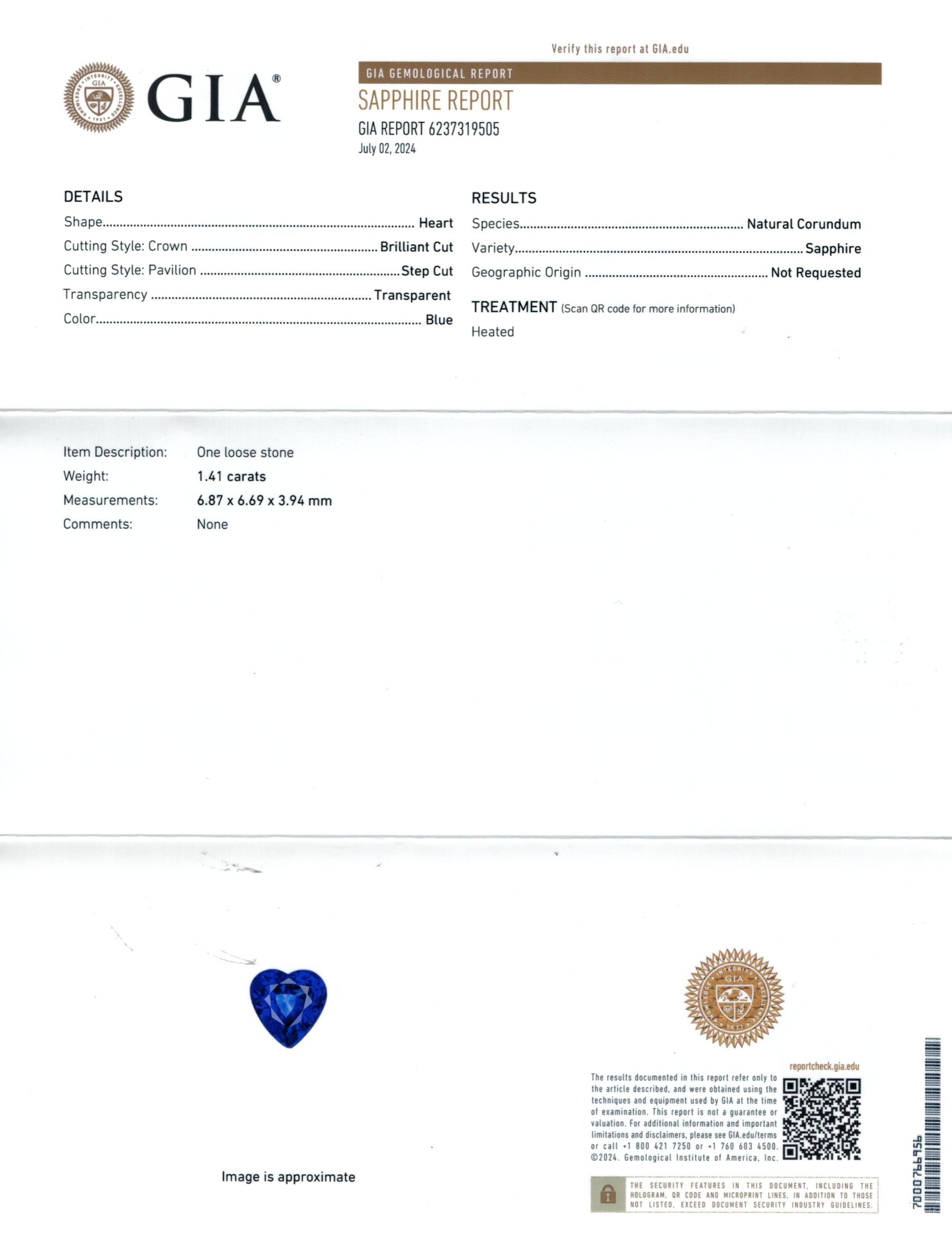Natürlicher Blauer Saphir Edelstein 1.41 Karat mit GIA Bericht / JupiterGem für Damen oder Herren im Angebot