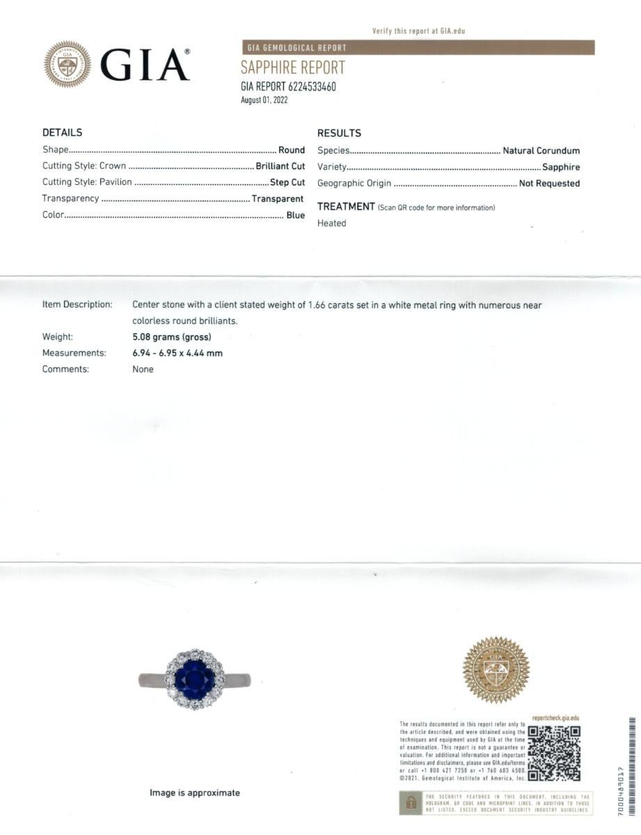 Natürlicher blauer Saphir Edelstein 1,66 cts in 18KWG Ring mit Diamanten / GIA Bericht (Gemischter Schliff) im Angebot