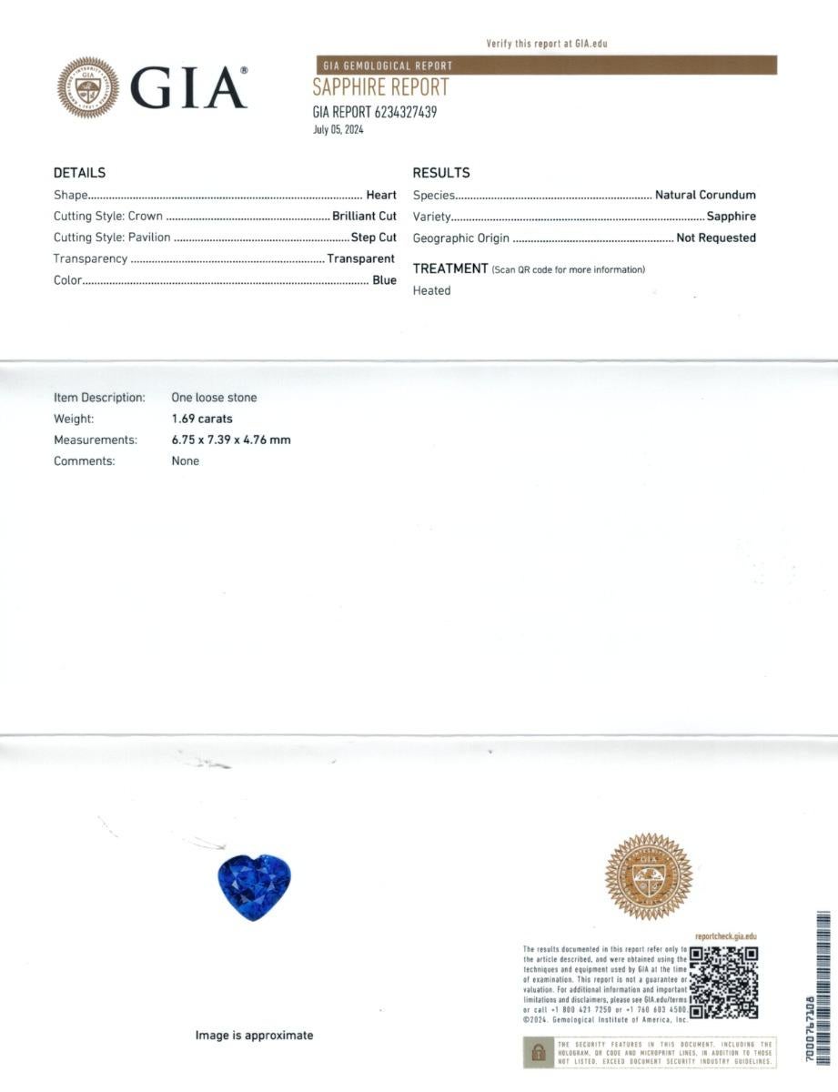 Natürlicher Blauer Saphir Edelstein 1.69 Karat mit GIA Bericht / JupiterGem für Damen oder Herren im Angebot