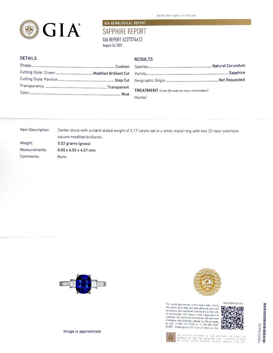 Women's Natural Blue Sapphire Gemstone 2.17 cts in 14KWG Ring with Diamonds / GIA Report For Sale