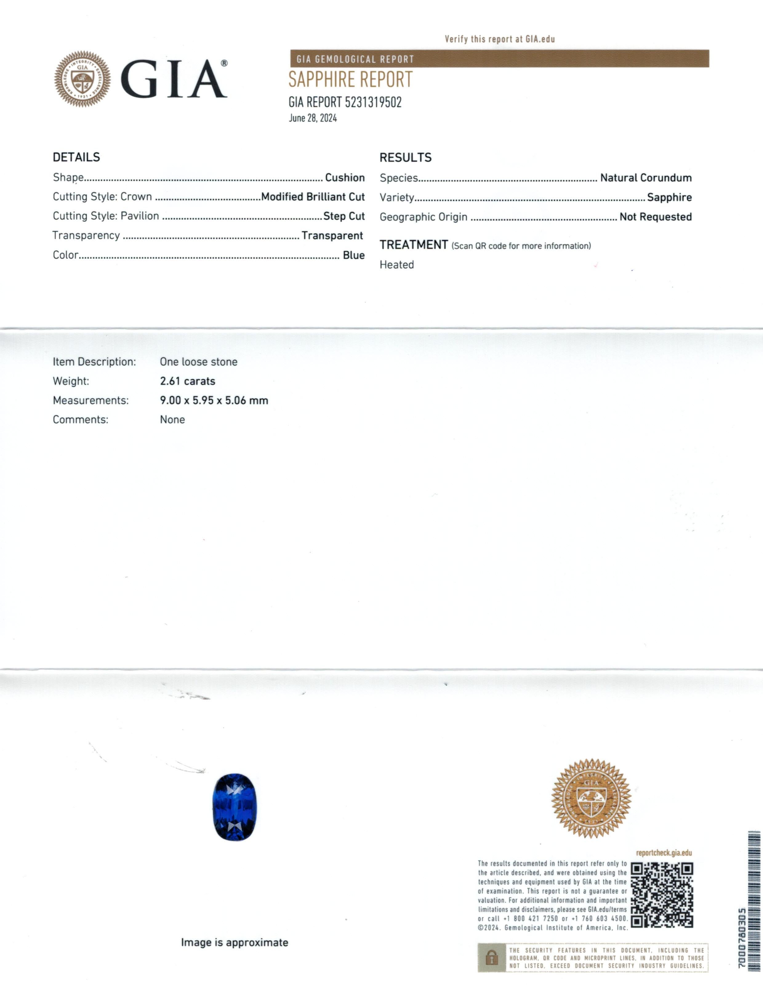Natürlicher Blauer Saphir Edelstein 2,61 Karat mit GIA Bericht  / JupiterGem für Damen oder Herren im Angebot