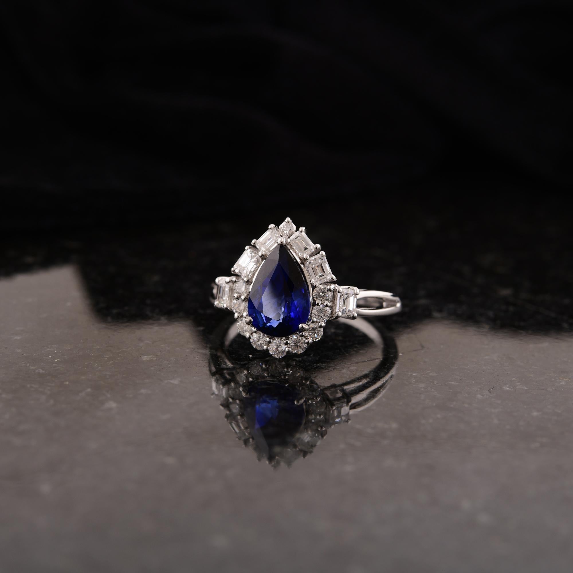 Natürlicher Blauer Saphir Edelstein Ring Diamant 14 Karat Weißgold Feine Juwelen (Tropfenschliff) im Angebot