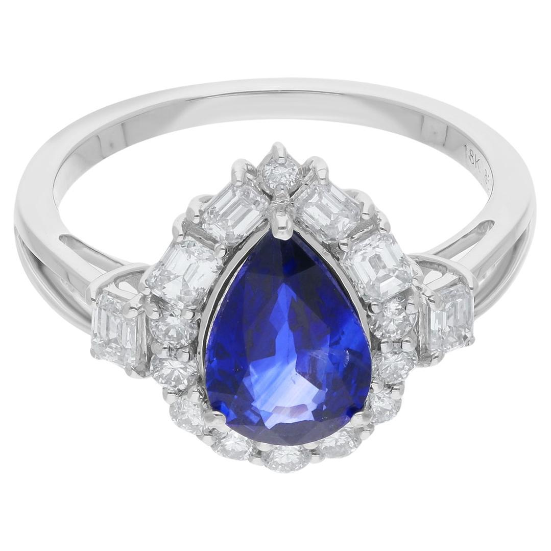 Bague de joaillerie fine en or blanc 18 carats avec saphir bleu naturel et diamant