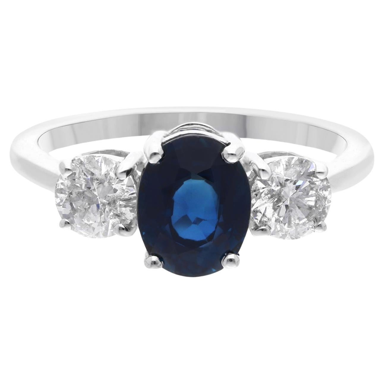 Zafiro Azul Natural Anillo de Piedras Preciosas Diamante 18 Kilates Oro Blanco Joyas Hechas a Mano
