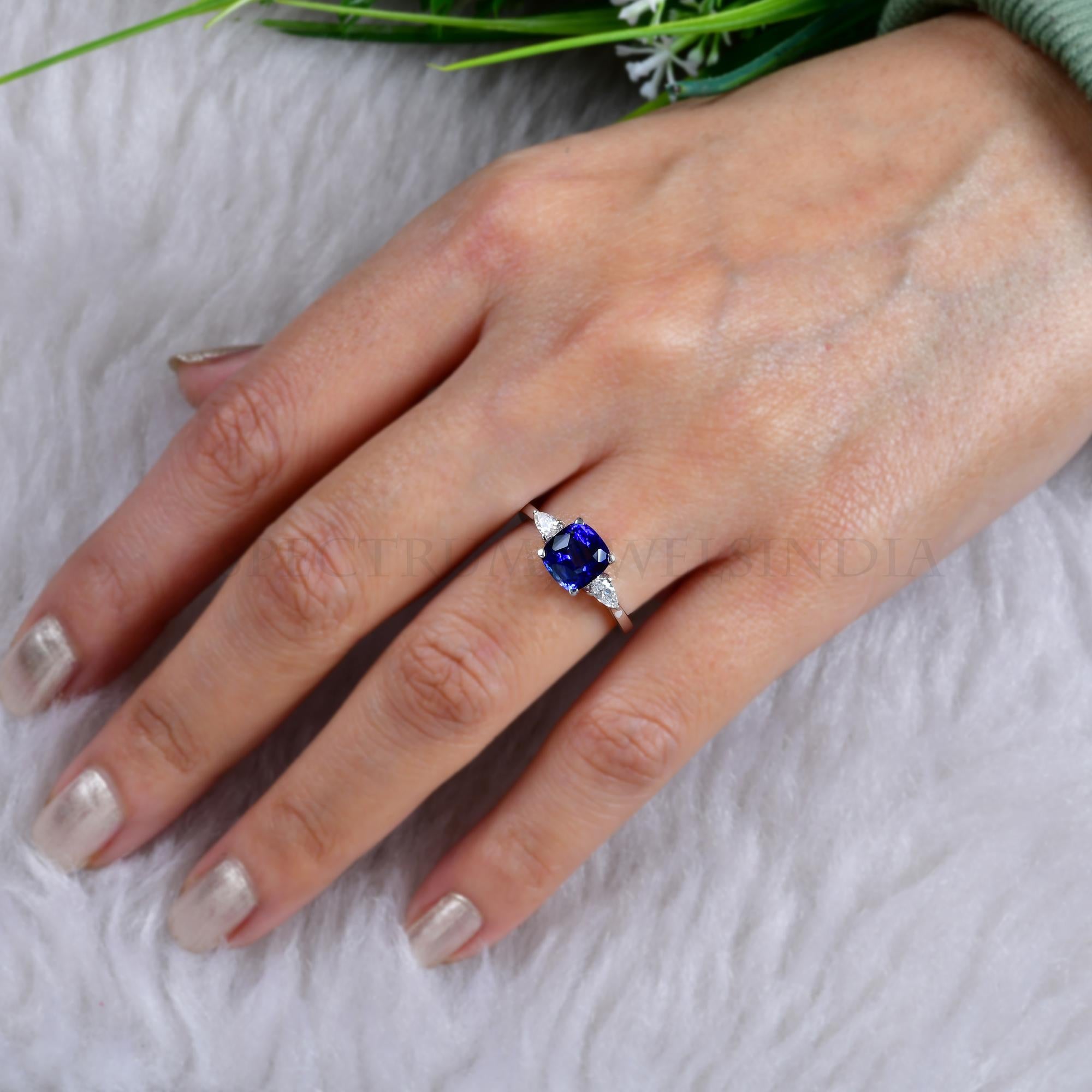 Modern Natural Blue Sapphire Gemstone Ring Pear Diamond 18 Karat White Gold Jewelry For Sale