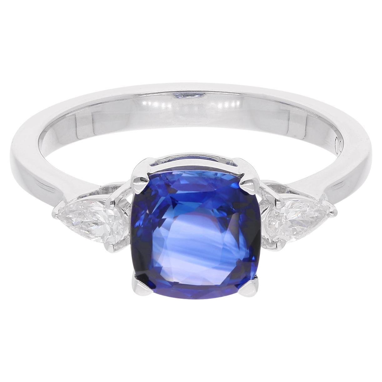 Natural Blue Sapphire Gemstone Ring Pear Diamond 18 Karat White Gold Jewelry
