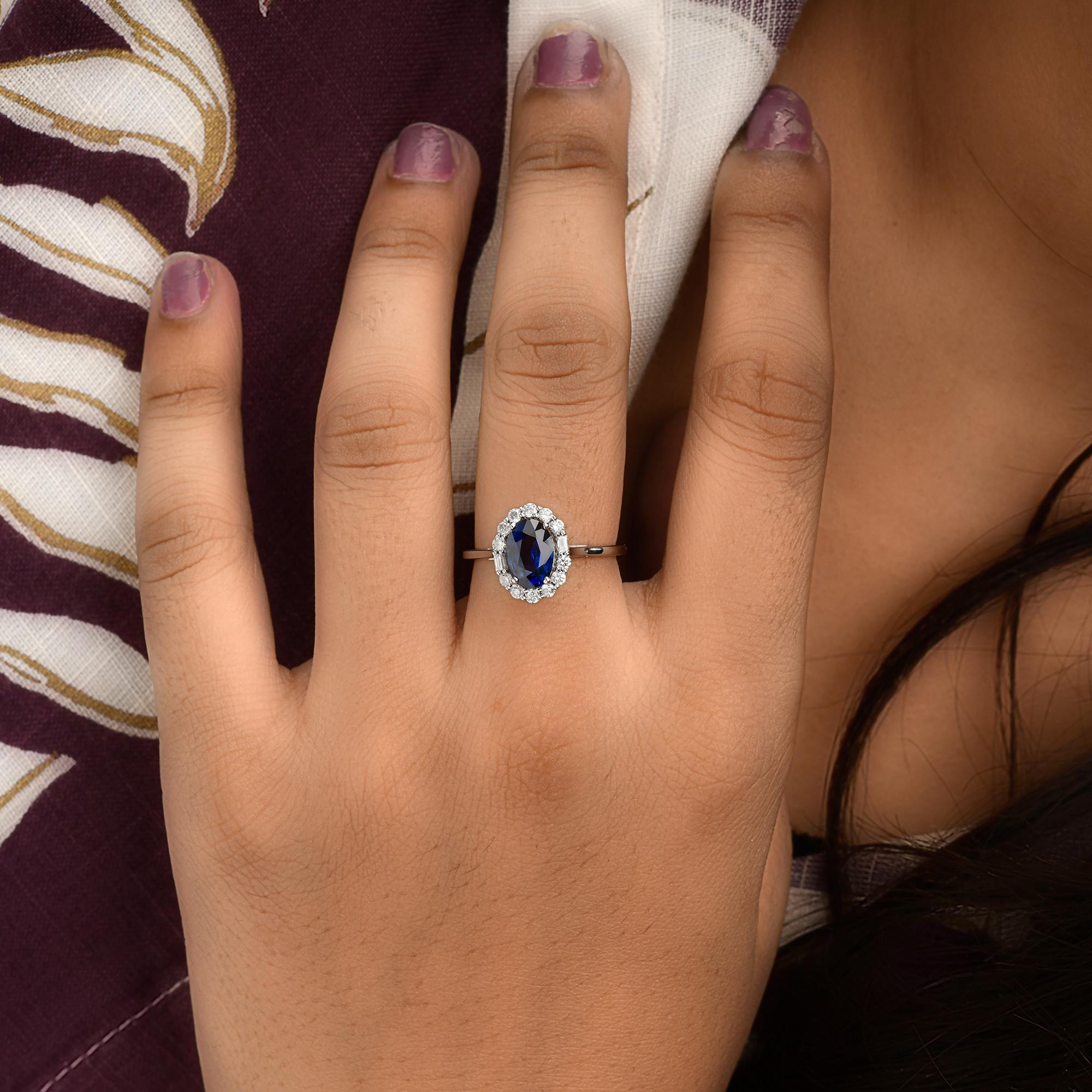 Cushion Cut Natural Blue Sapphire Gemstone Ring SI/H Diamond 14 Karat White Gold Jewelry For Sale