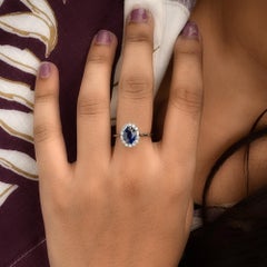 Natural Blue Sapphire Gemstone Ring SI/H Diamond 14 Karat White Gold Jewelry